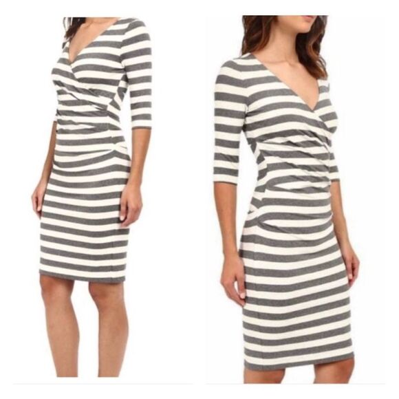 🔥🔥5 for $25🔥🔥 Nicole miller gray white striped ruched long sleeve bodycon dress - Picture 2 of 11